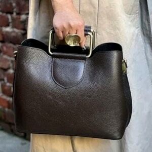 Isadora Square Metal Handles Satchel Leather Bag Handbag Black Pebbled Italy